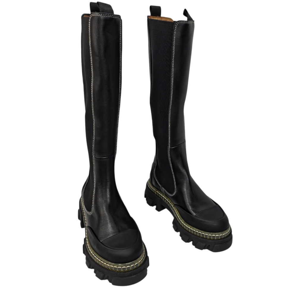 GANNI Tall Chelsea Boots Black Leather Lug Sole Platform 36 US 6